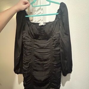 Astr Black Ruched Puff Sleeve Mini Dress